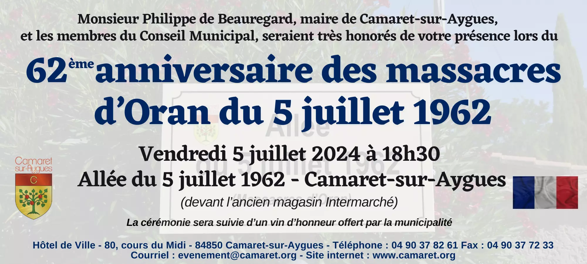 62ème anniversaire des massacres d'Oran du 5 juillet 1962 le vendredi 5 juillet 2024 à 18h30 à Camaret