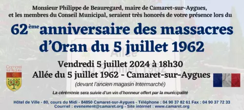 62ème anniversaire des massacres d'Oran du 5 juillet 1962 le vendredi 5 juillet 2024 à 18h30 à Camaret