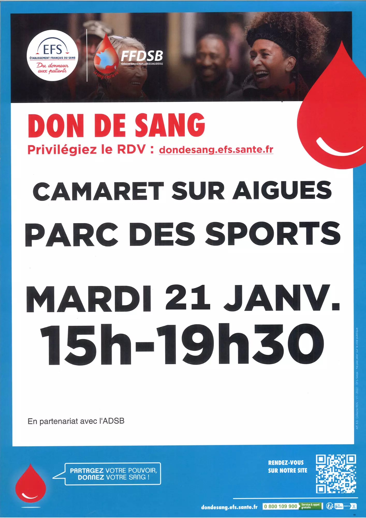 Don de sang le mardi 21 janvier de 15h00 à 19h30 à l'espace René Roussière