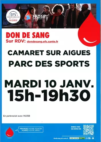 Prochaine collecte du don de sang : mardi 10 janvier 2023 de 15h à 19h30