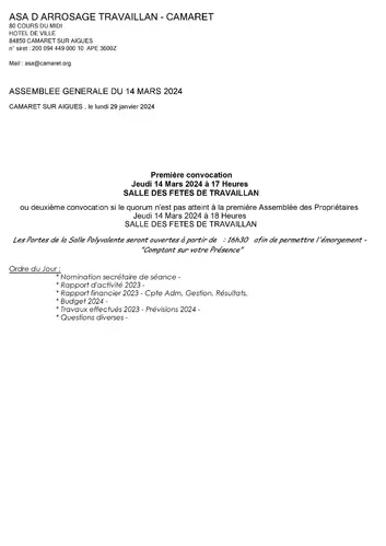 Assemblée générale de l'Association d'Arrosage Camaret - Travaillan (ASA) le jeudi 14 mars à 17h00 à la salle des fêtes de Travaillan