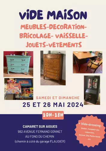 Vide-maison le samedi 25 et dimanche 26 mai de 10h00 à 18h00 au 982, avenue Fernand Gonnet