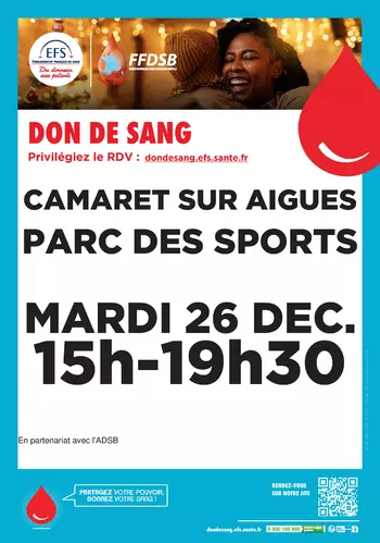 Don de sang le mardi 26 décembre de 15h00 à 19h30 à l'espace René Roussière