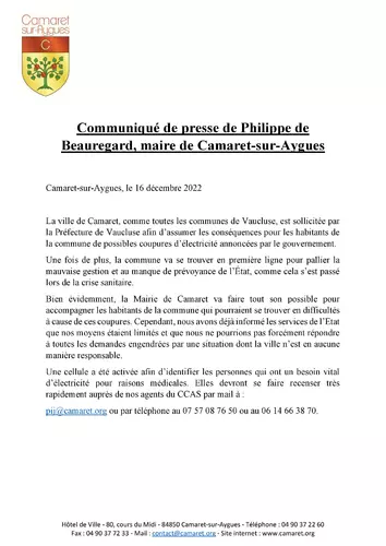 Communiqué de presse de Philippe de Beauregard, maire de Camaret-sur-Aygues