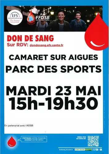 Prochaine collecte du don de sang : mardi 23 mai 2023 de 15h à 19h30