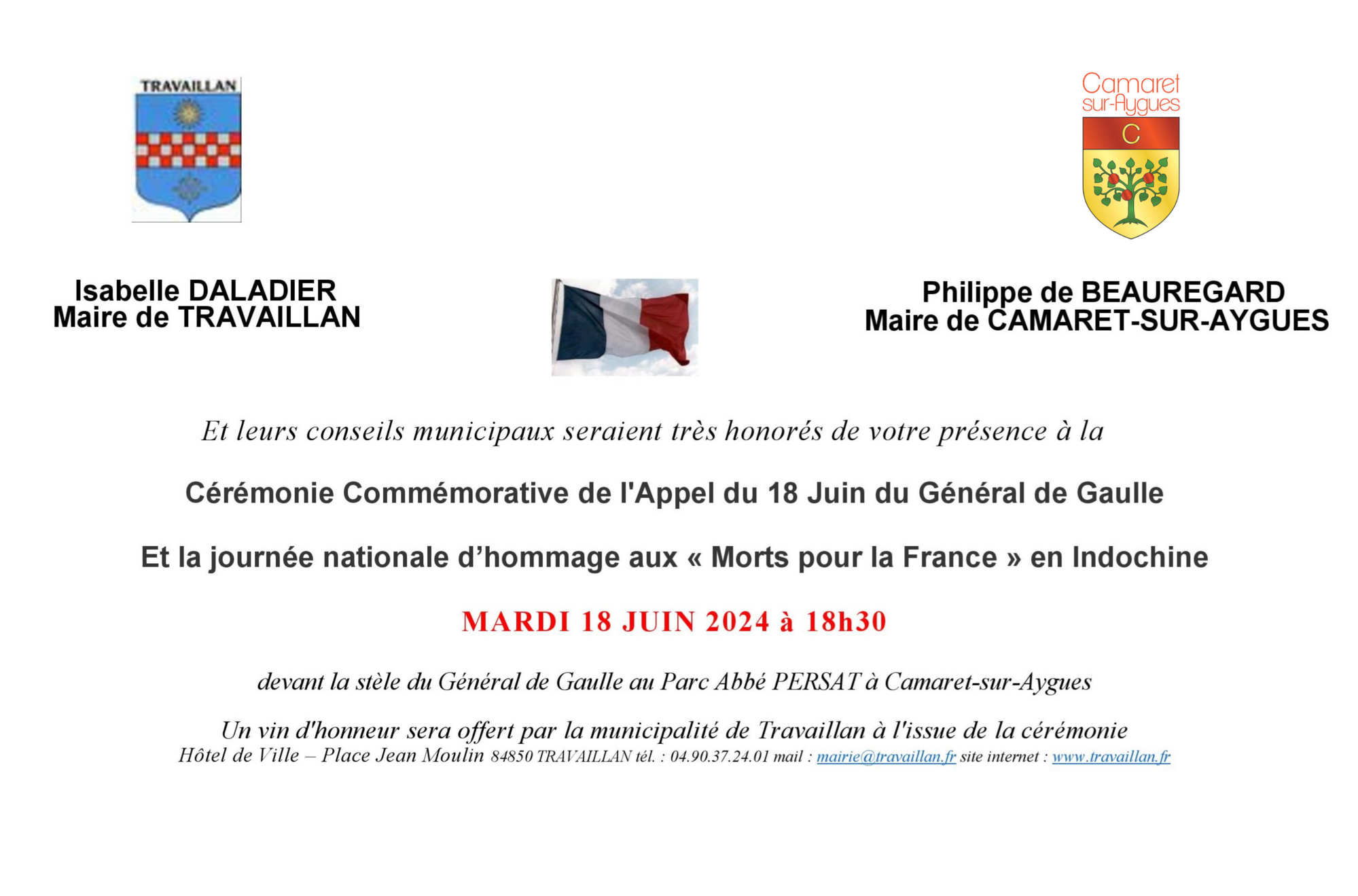 84ème anniversaire de l'Appel du 18 juin 1940 et de l'Hommage aux « Morts pour la France » en Indochine le mardi 18 juin à 18h30 devant la Stèle du Général de Gaulle au parc Persat à Camaret