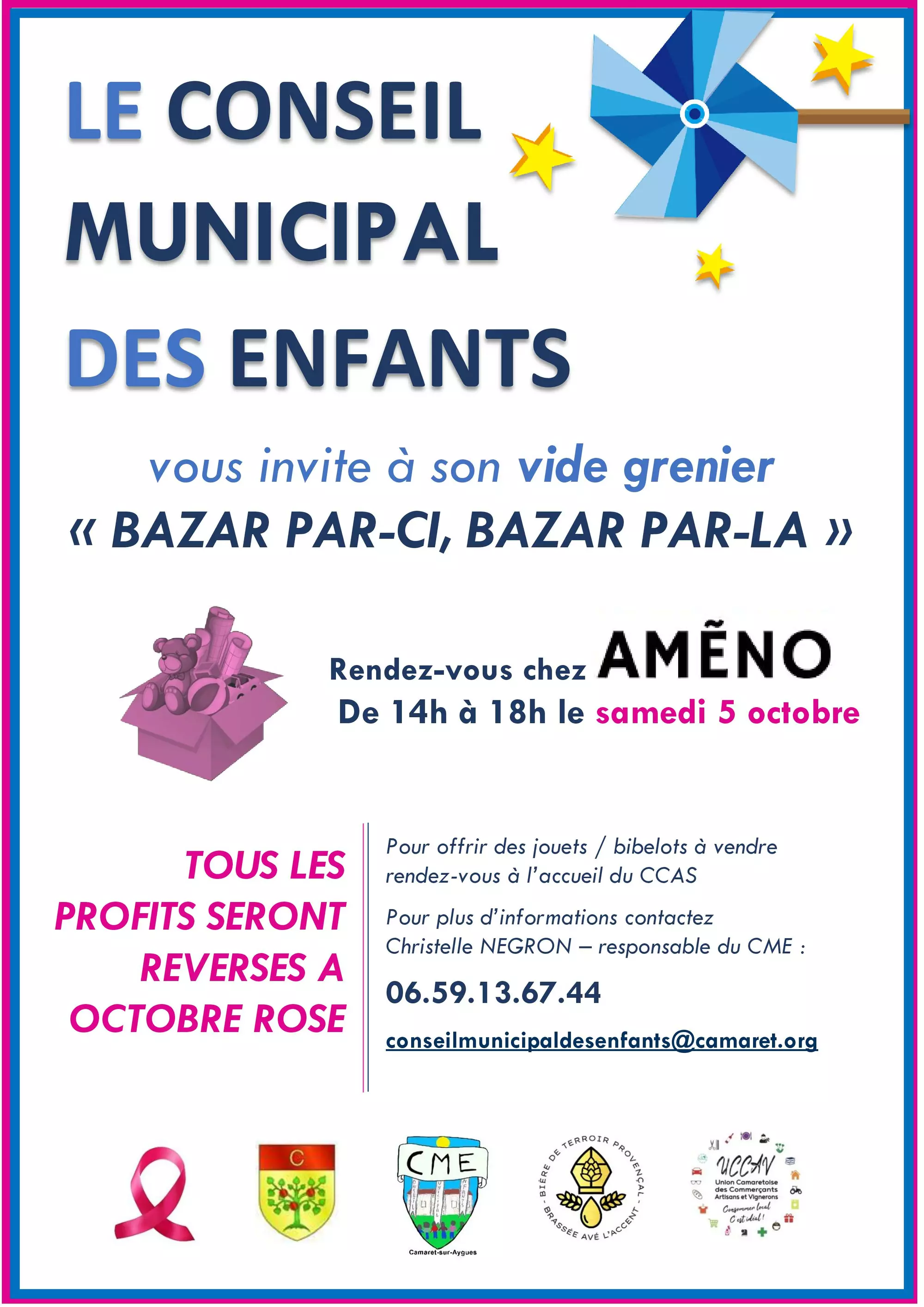 Vide-grenier organisé par le Conseil municipal des enfants le samedi 5 octobre de 14h00 à 18h00 à AMENO