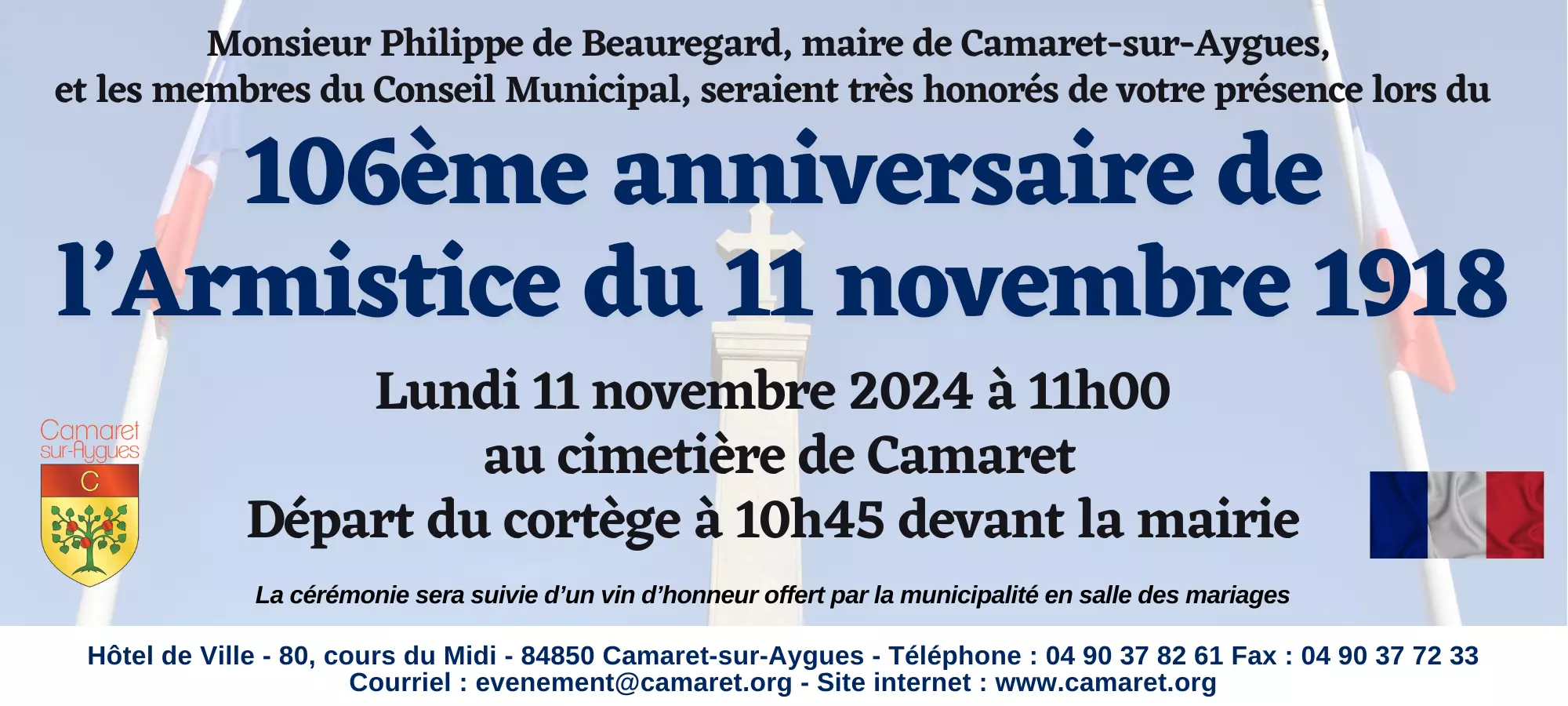 106ème anniversaire de l'Armistice du 11 novembre 1918 le lundi 11 novembre 2024 à 11h00