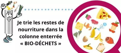 Je trie les restes de nourriture dans la colonne enterrée « BIO-DÉCHETS »