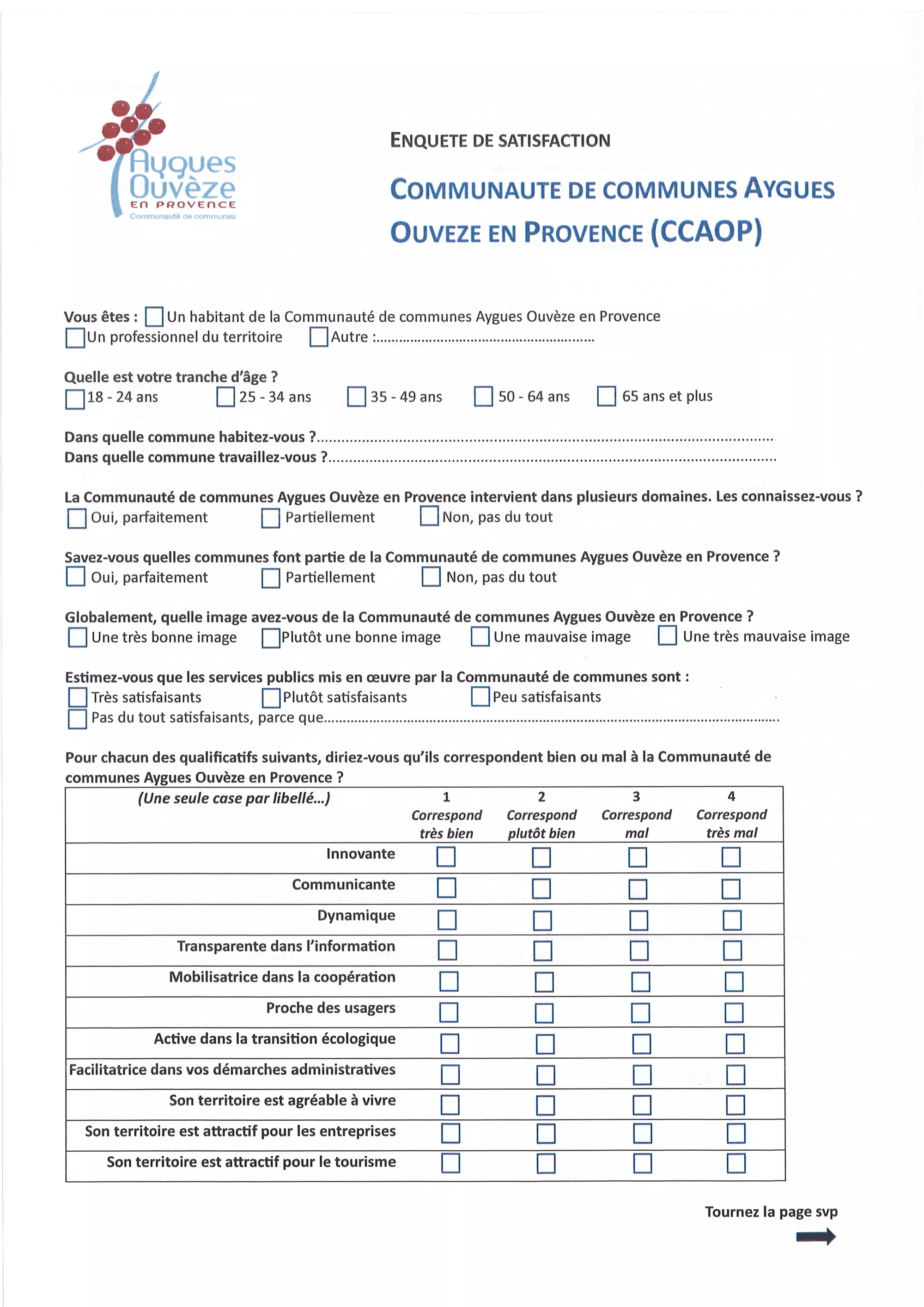 Enquête de satisfaction de la Communauté de communes Aygues Ouvèze en Provence