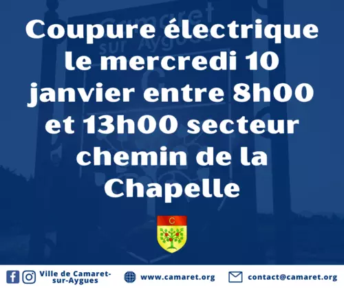 Coupure électrique le mercredi 10 janvier entre 8h00 et 13h00 secteur chemin de la Chapelle