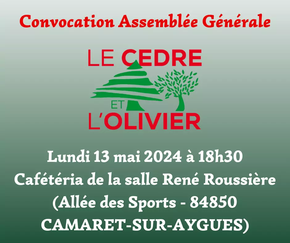 Convocation Assemblée Générale de l'association Le Cèdre et l'Olivier