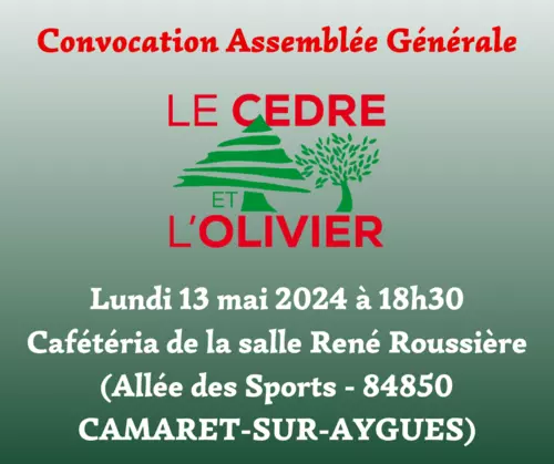 Convocation Assemblée Générale de l'association Le Cèdre et l'Olivier