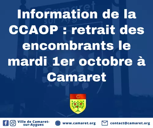 Information de la Communauté de communes Aygues Ouvèze en Provence : retrait des encombrants le mardi 1er octobre à Camaret