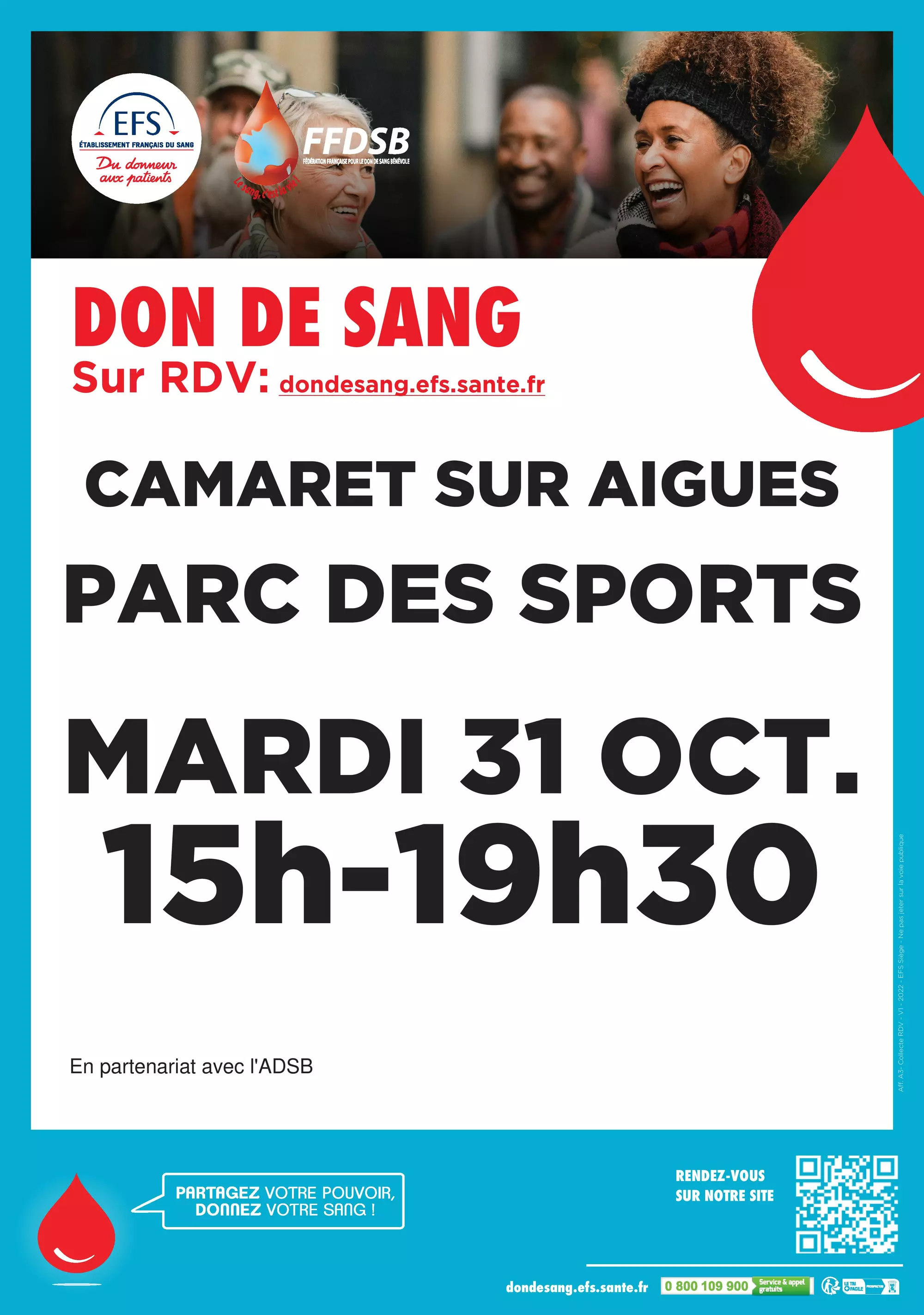 Don de sang le mardi 31 octobre de 15h00 à 19h30 à l'espace René Roussière