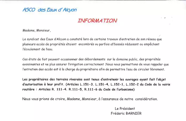 L'ASCO DES EAUX D'ALCYON VOUS INFORME