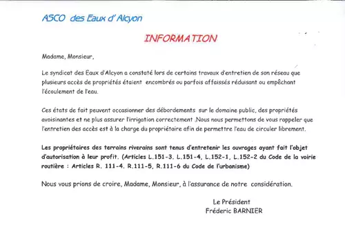 L'ASCO DES EAUX D'ALCYON VOUS INFORME