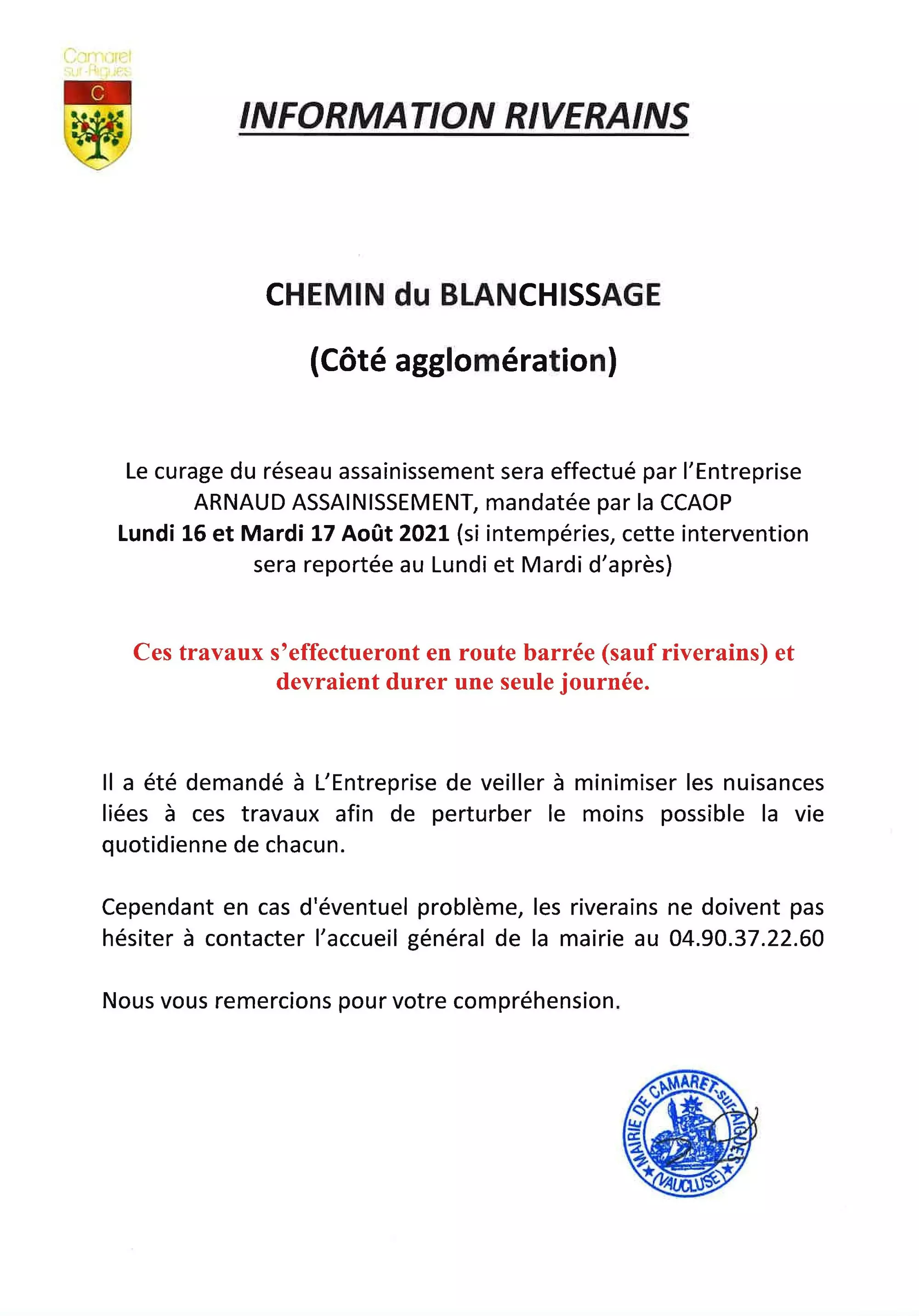 Information riverains : travaux sur le chemin du Blanchissage (côté agglomération)