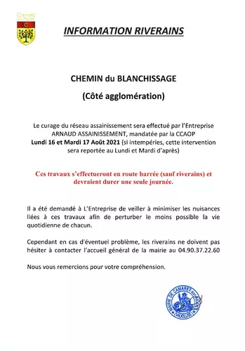 Information riverains : travaux sur le chemin du Blanchissage (côté agglomération)