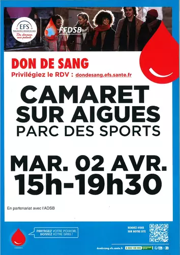 Don de sang le mardi 2 avril de 15h00 à 19h30 à l'espace René Roussière