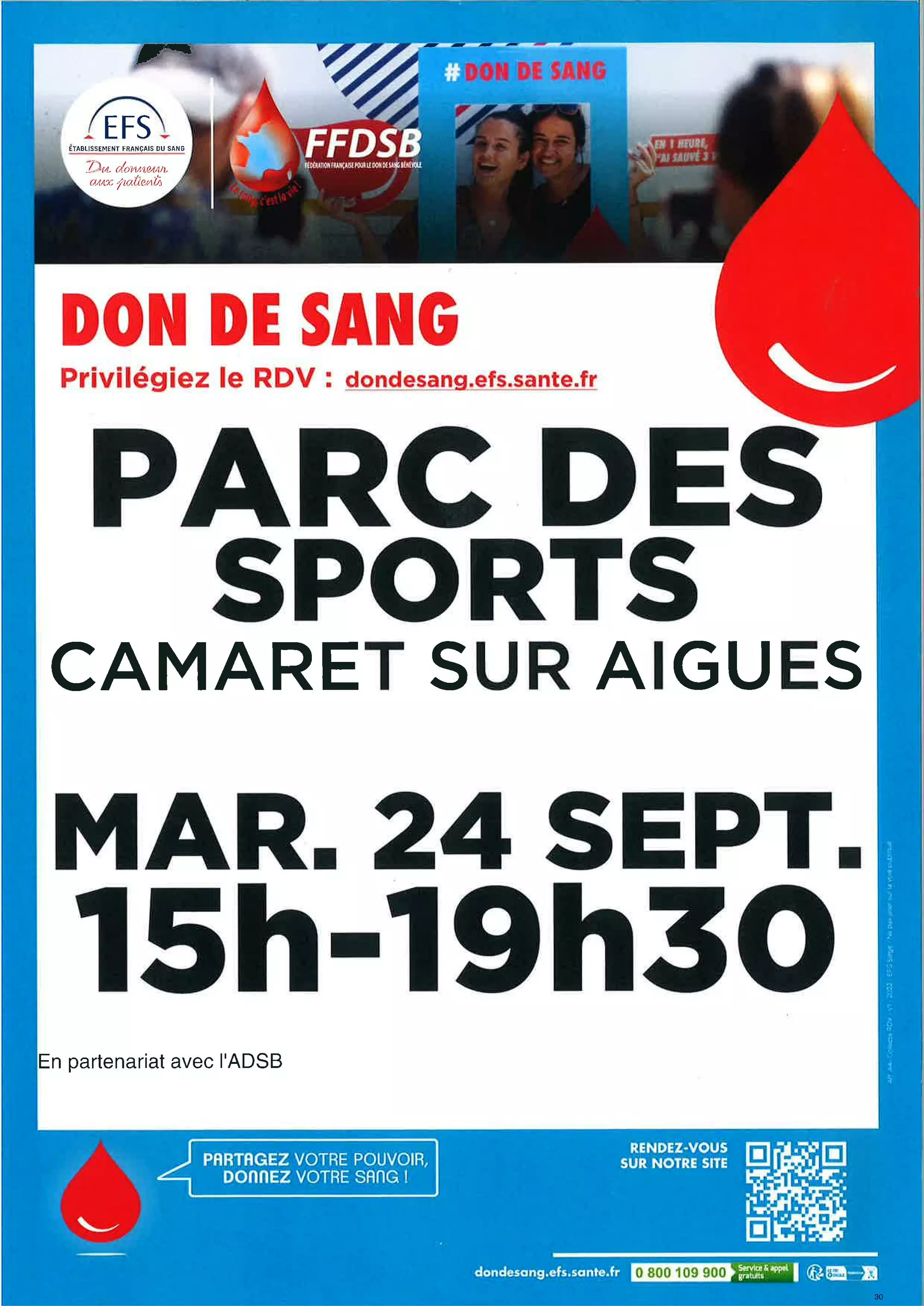 Don du sang le mardi 24 septembre 2024 de 15h00 à 19h30 à la salle René Roussière