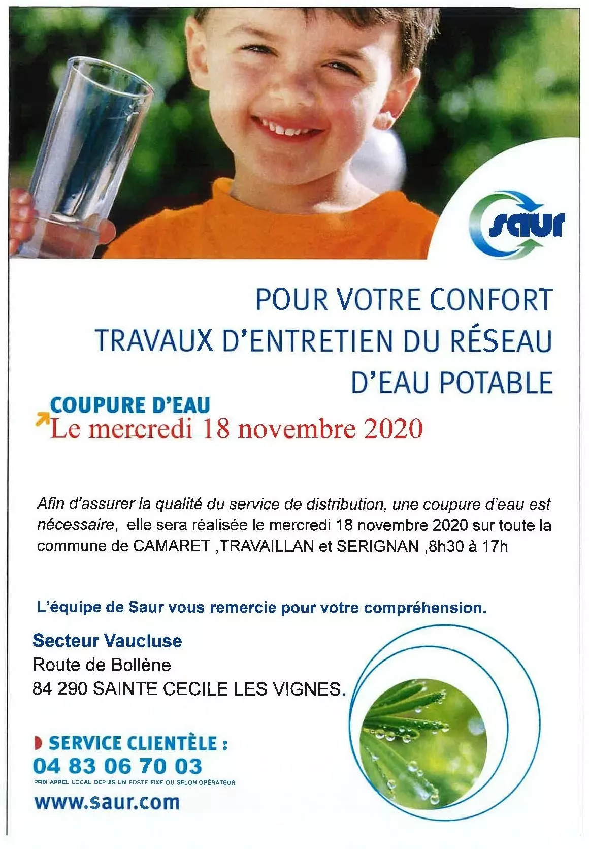 Information coupure d'eau le mercredi 18 novembre 2020