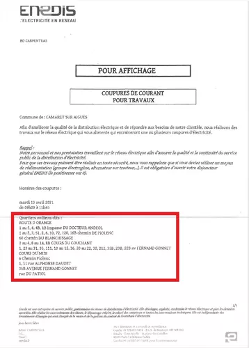 Coupures de courant pour travaux dans la matinée du mardi 13 avril 2021