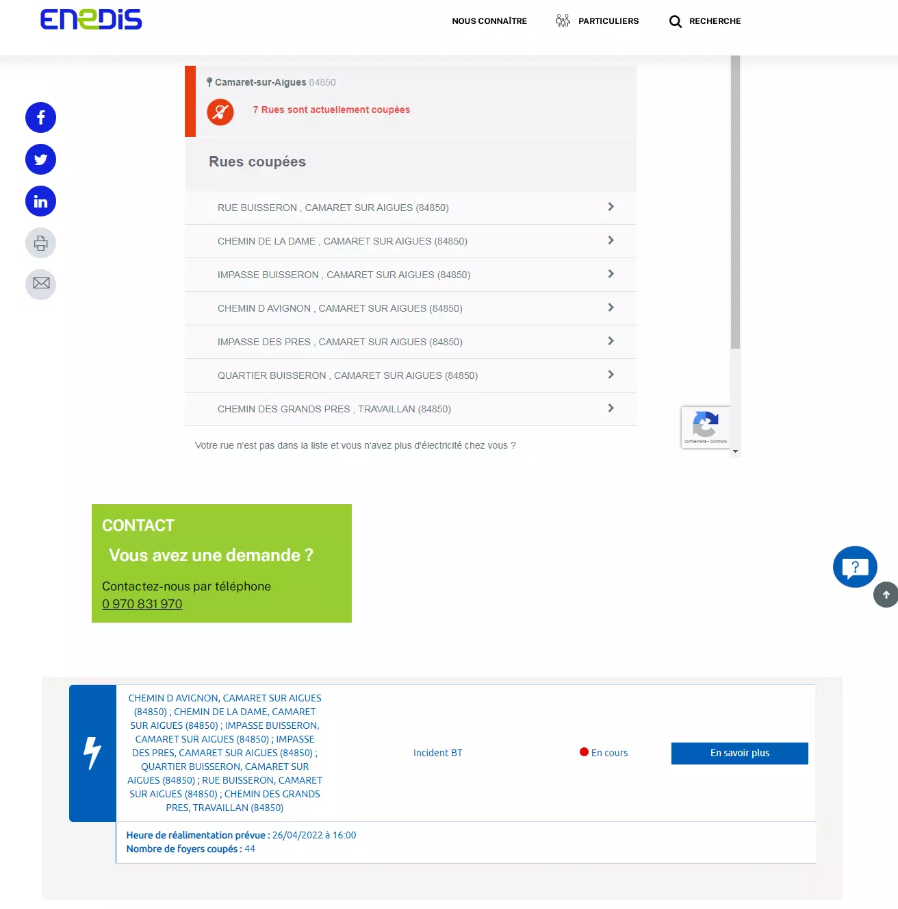 Coupure électrique : information d'ENEDIS