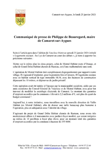 Communiqué de presse de Philippe de Beauregard, maire de Camaret-sur-Aygues