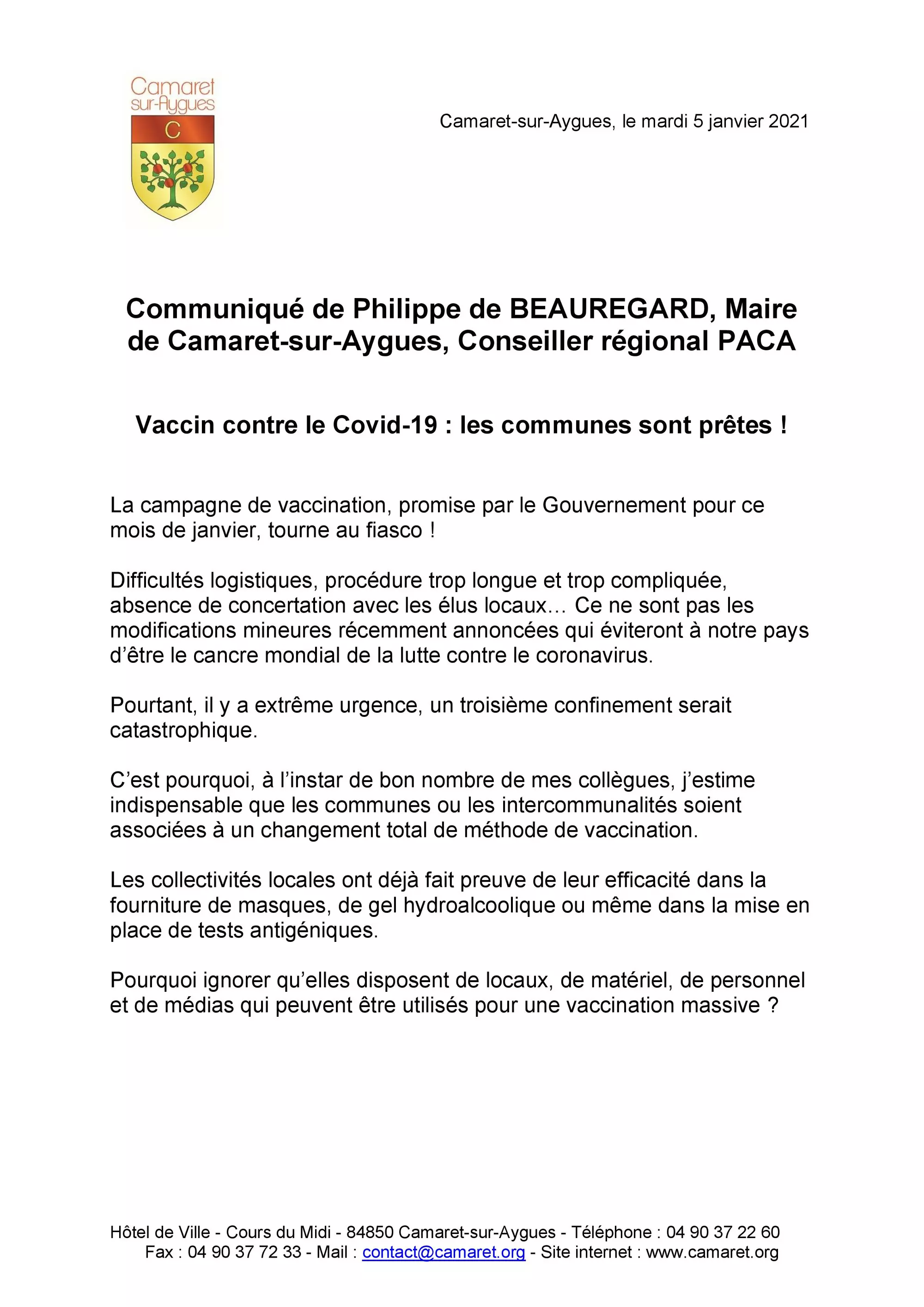 « Vaccin contre le Covid-19 : les communes sont prêtes ! » | Communiqué de presse de Philippe de Beauregard