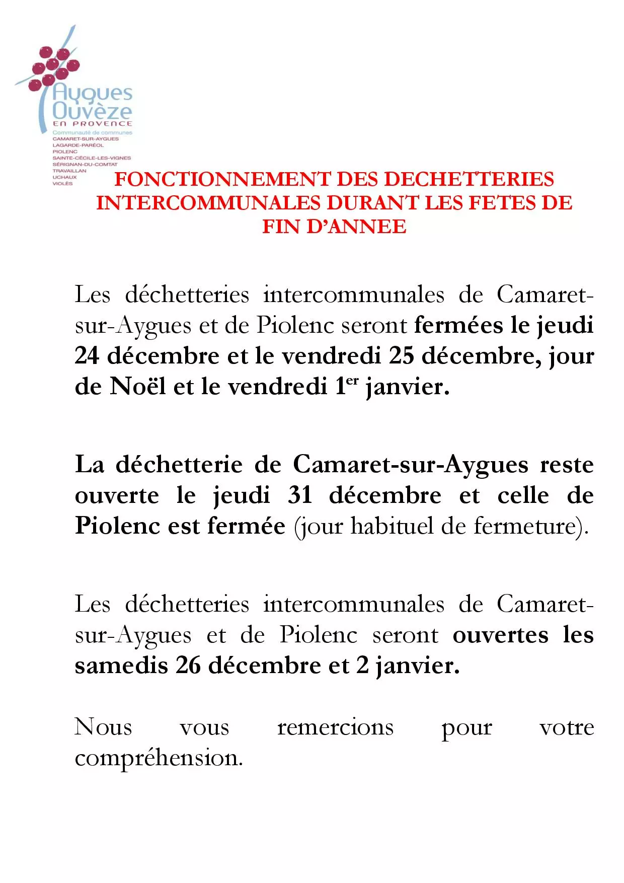 Fonctionnement des déchetteries intercommunales durant les fêtes de fin d'année : communiqué de la CCAOP