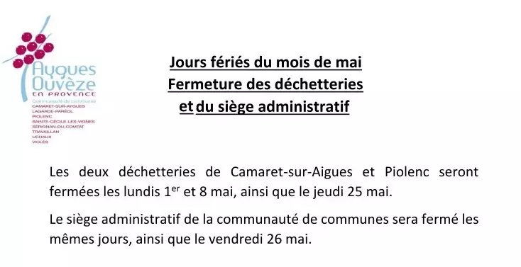 DÉCHETTERIE : FERMETURE EXCEPTIONNELLE LES 1er, 8 ET 25 MAI