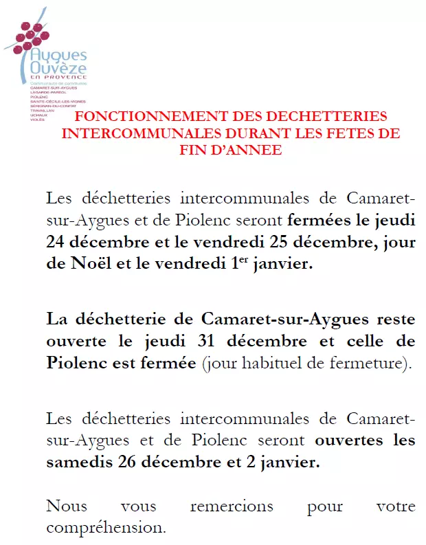  Information de la CCAOP concernant les horaires d'ouverture de la déchetterie de Camaret pour les fêtes de fin d'année