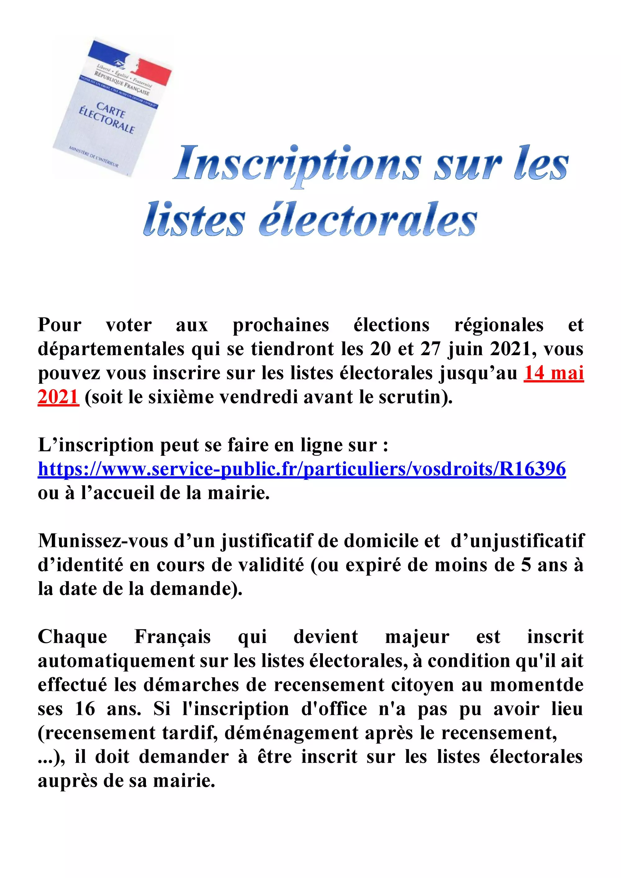 Inscriptions sur les listes électorales : modification des dates suite au décalage d'une semaine des prochaines élections