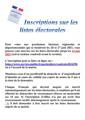 Inscriptions sur les listes électorales : modification des dates suite au décalage d'une semaine des prochaines élections