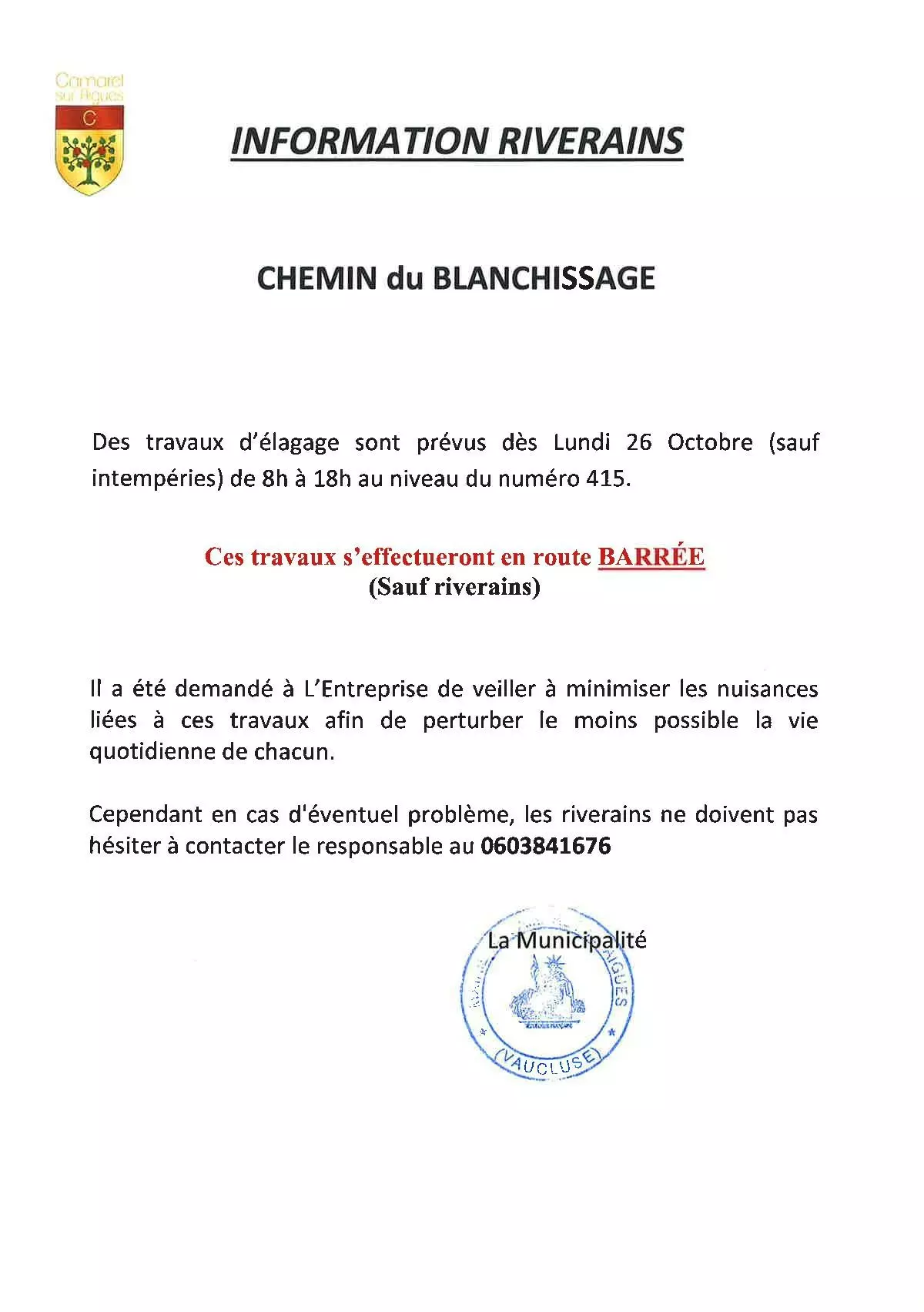 Information riverains : chemin du Blanchissage