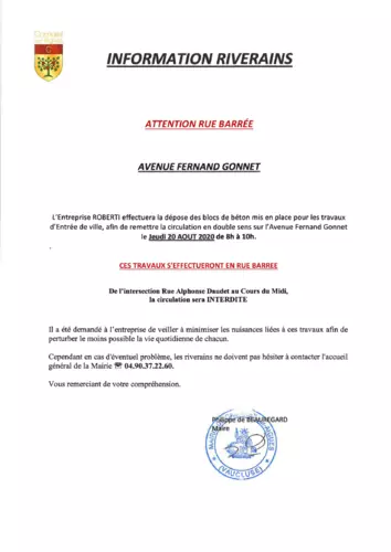 Rue barrée avenue Fernand Gonnet : le jeudi 20 août 2020 de 8h00 à 10h00 de l'intersection rue Alphonse Daudet au cours du Midi