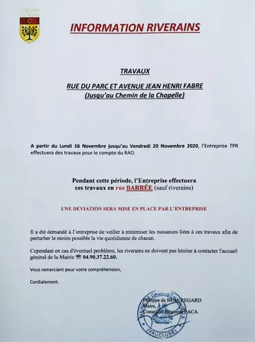 Information riverains : travaux rue du Parc et avenue Jean-Henri Fabre du 16 au 20 novembre 2020