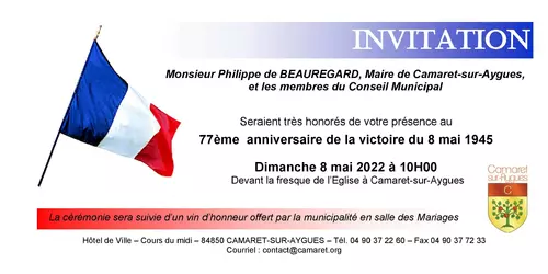 Cérémonie du 77ème anniversaire de la Victoire du 8 mai 1945 devant la fresque de l'Église à Camaret-sur-Aygues ce dimanche 8 mai 2022 à 10h00