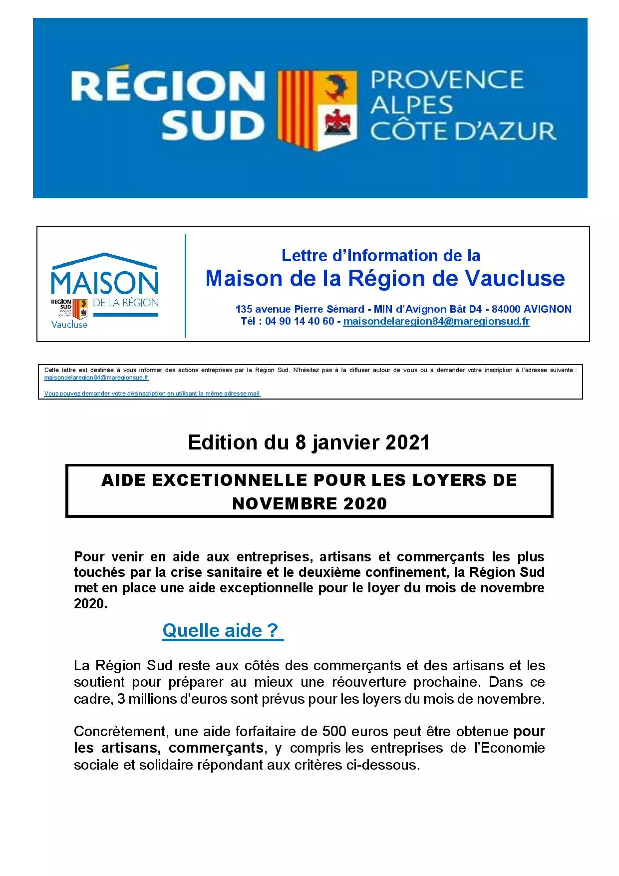 Lettre d’Information de la Maison de la Région de Vaucluse : aide exceptionnelle pour les loyers de novembre 2020