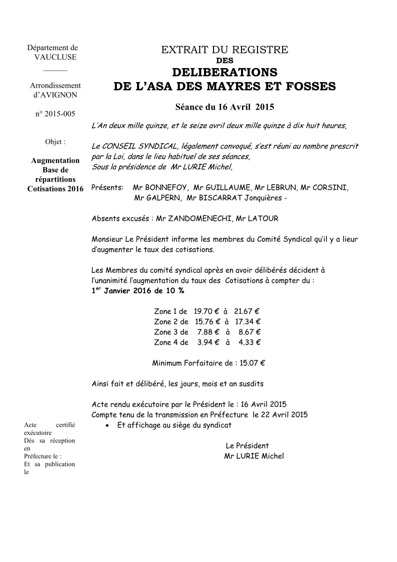 ASA DES MAYRES : NOUVEAUX TARIFS