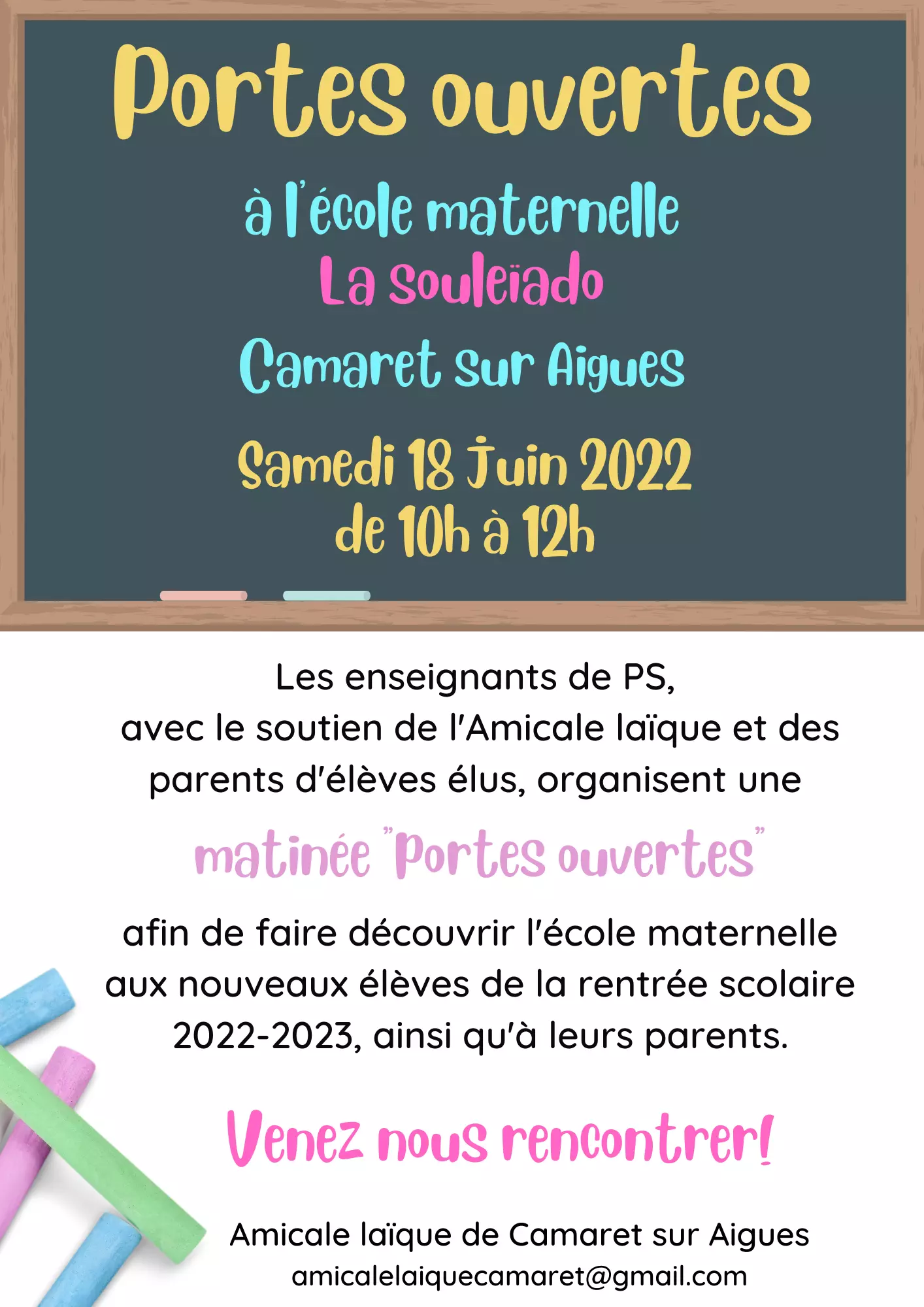 Matinée portes ouvertes à l'école maternelle la Souleiado le samedi 18 juin 2022 de 10h00 à 12h00