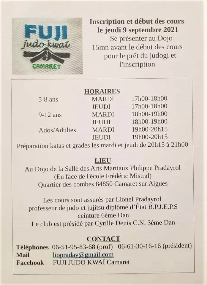 Le FUJI JUDO KWAI Camaret vous informe de la reprise des entrainements