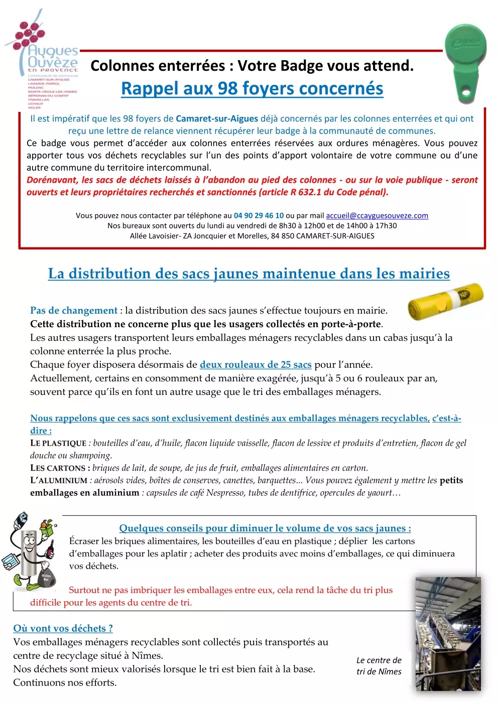 SACS JAUNES, BADGES : LA CCAOP COMMUNIQUE