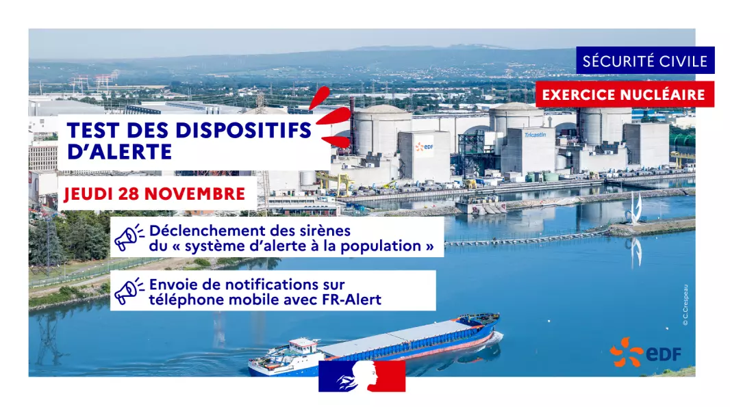 Exercice national de sûreté nucléaire le jeudi 28 novembre 2024. Les moyens d'alerte vont être testés : sirènes, SMS et téléphones fixes : ne pas en tenir compte, c'est un exercice !