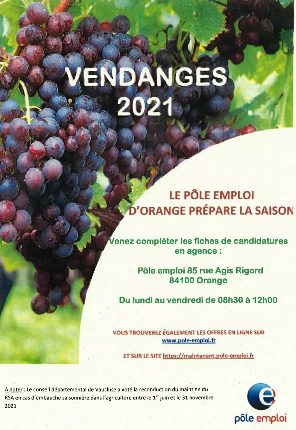 Information du Pôle Emploi d'Orange pour les vendanges 2021